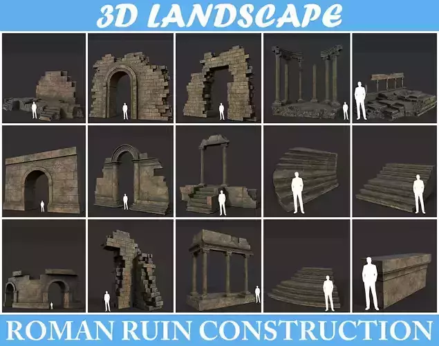 Low poly Ancient Roman Ruin Construction Pack - Brown Mossy Low-poly 3D model