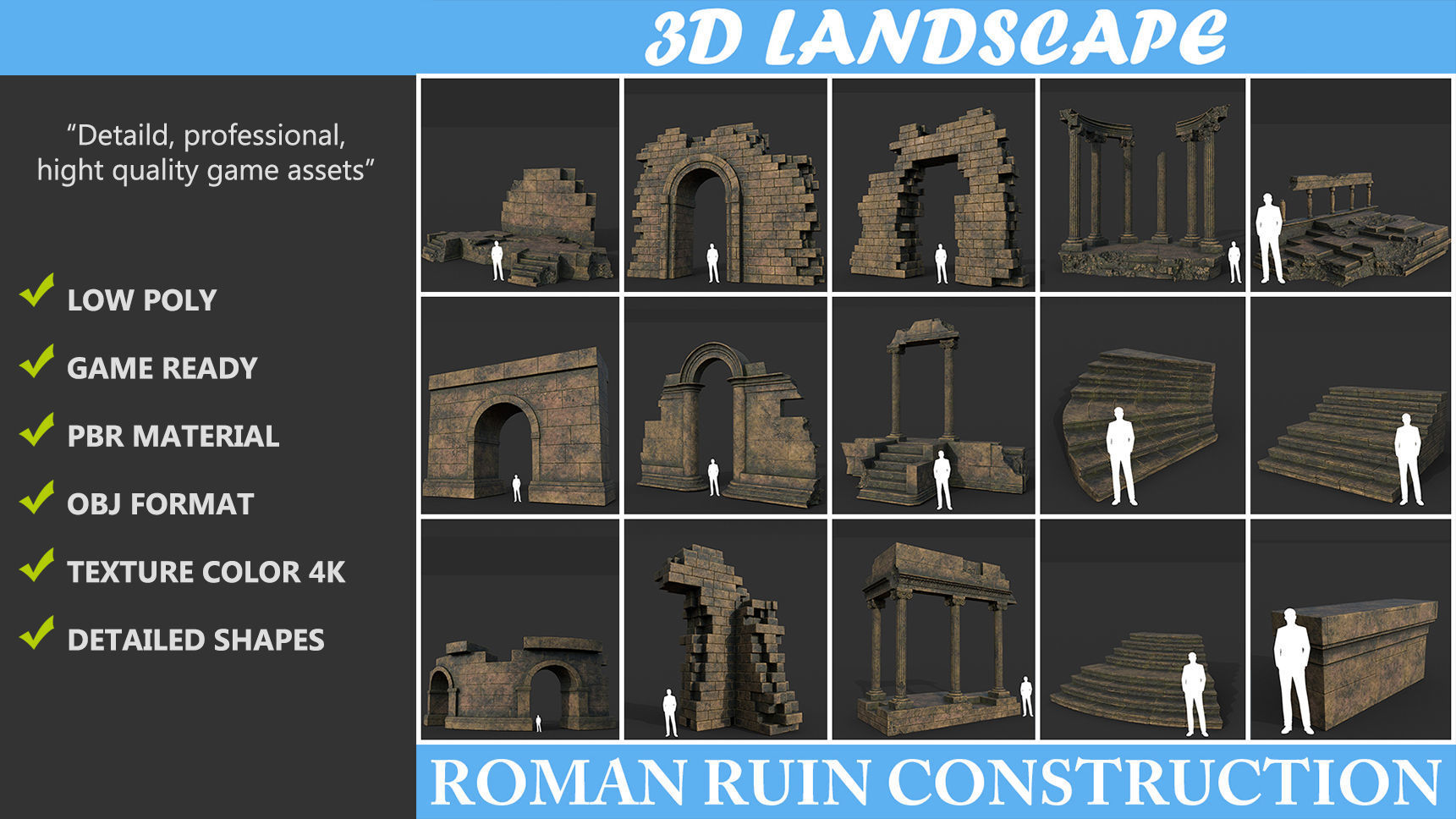 Low poly Ancient Roman Ruin Construction Pack - Brown Mossy Low-poly 3D model_1