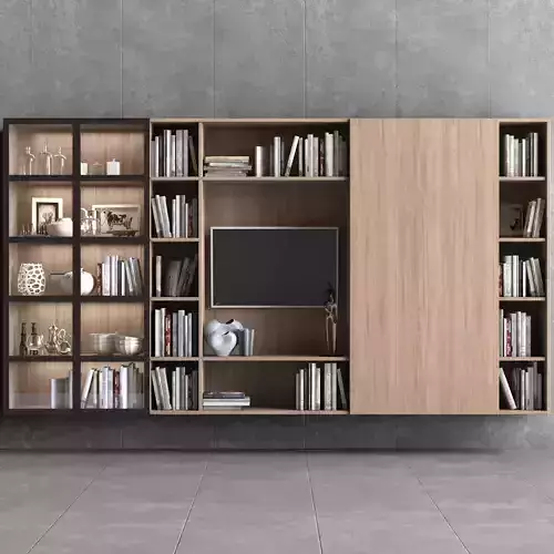 Bookcase with decor books and sculptures