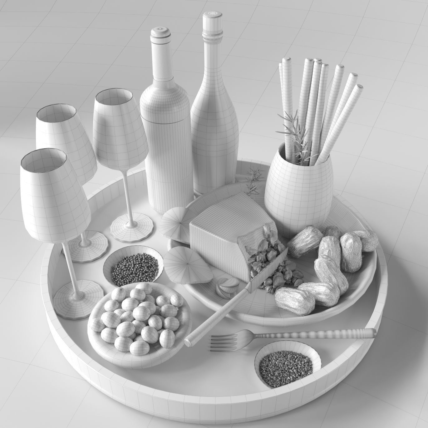 Grocery set Cheese food wine 3D model_1