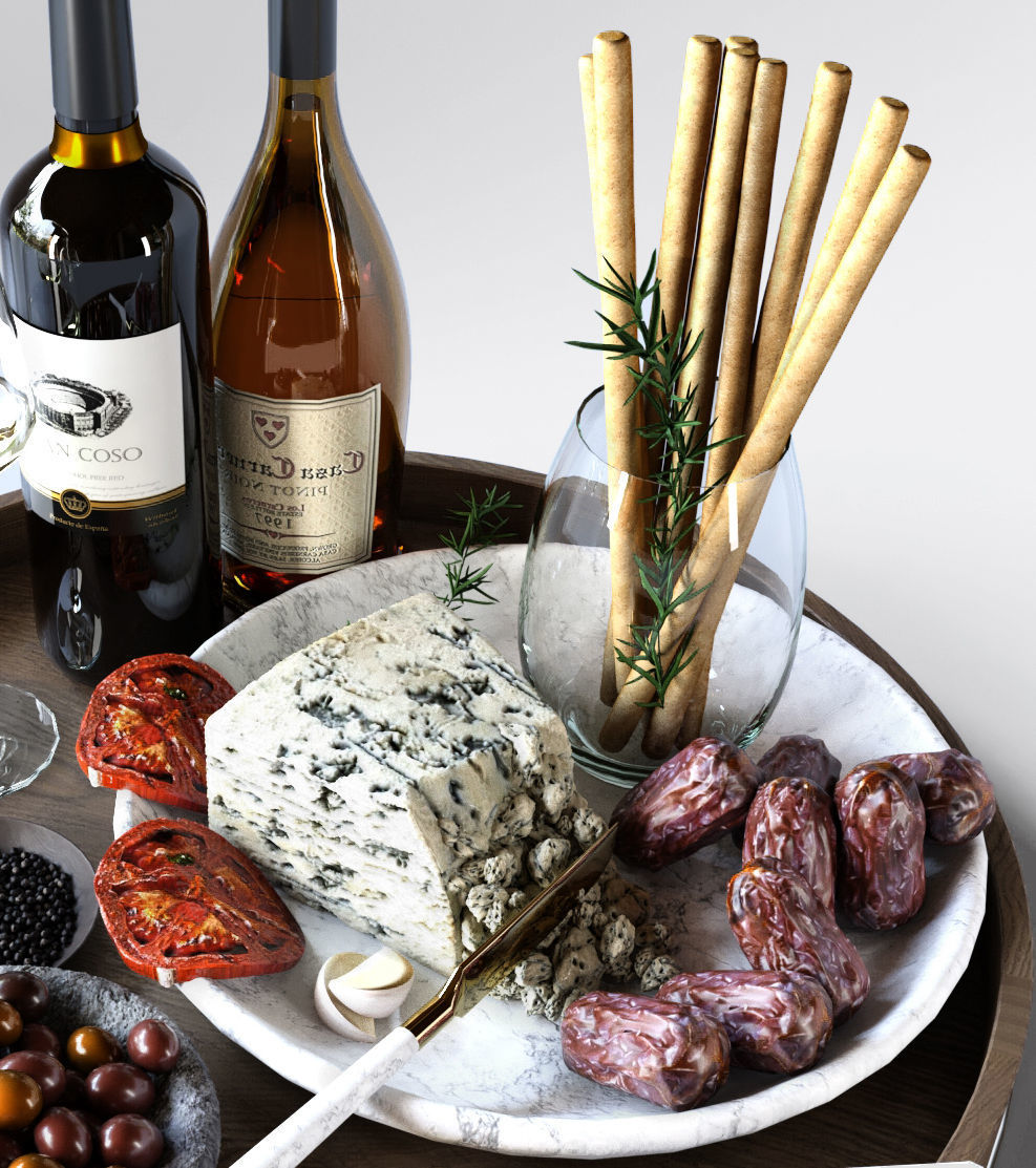 Grocery set Cheese food wine 3D model_2