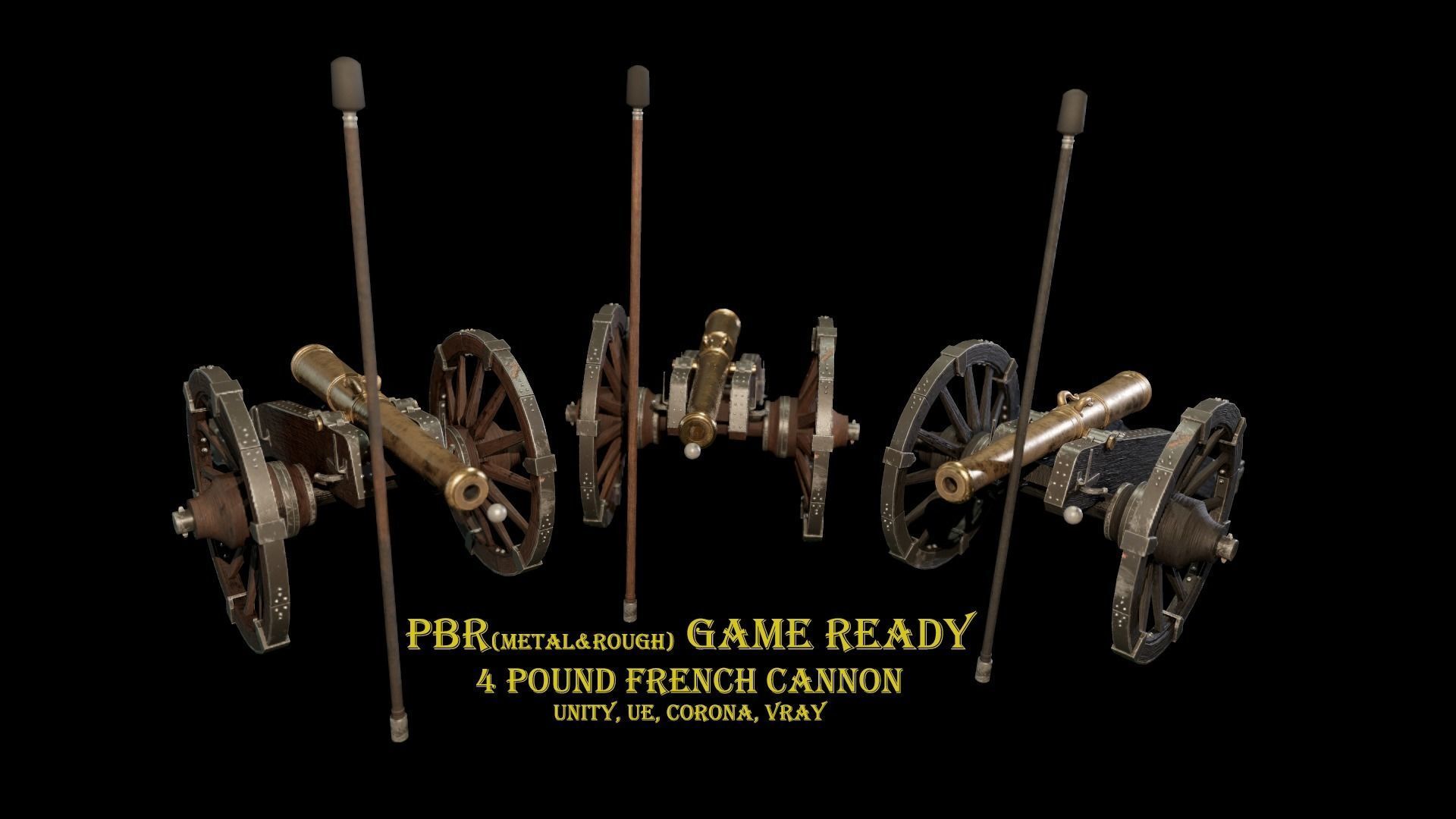 French 4 pound bronze cannon Mid-Poly Low-poly 3D model_0