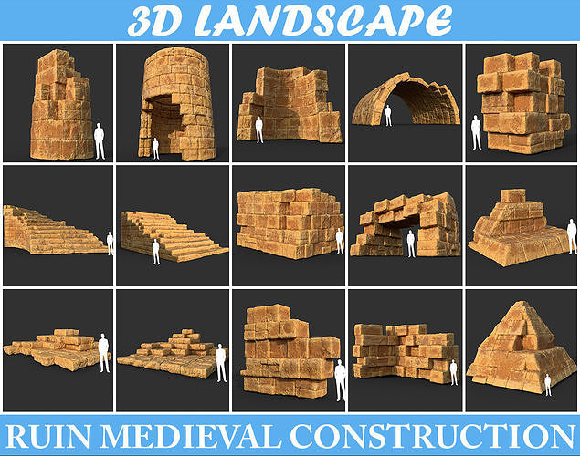 Low poly Yellow Desert Ruin Medieval Construction Low-poly 3D model