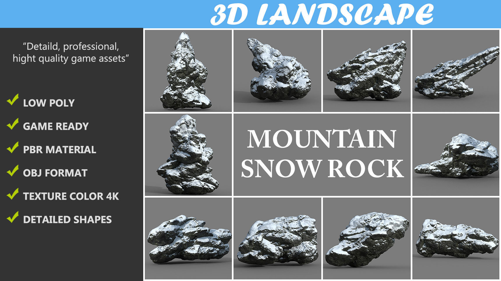 Low poly Snow Rock B-190426 Low-poly 3D model_1