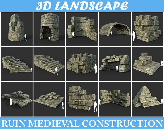 Low poly Mossy Ruin Medieval Construction Low-poly 3D model