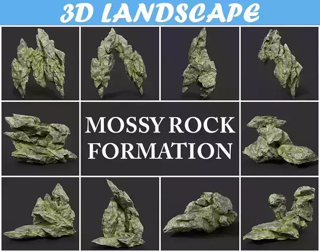 Low poly Mossy Rock Formation B 190416