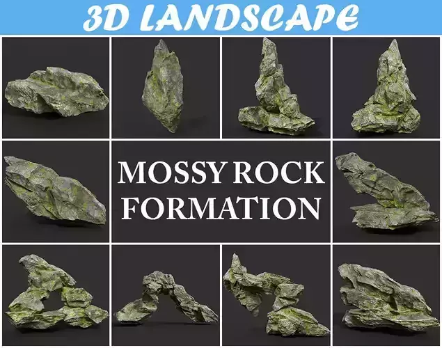 Low poly Mossy Rock Formation A 190416