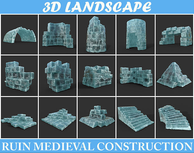 Low poly Frozen Ice Ruin Medieval Construction Low-poly 3D model