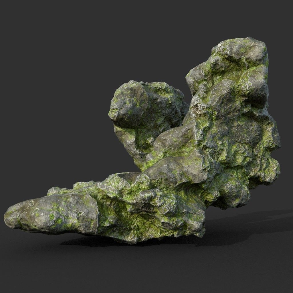 Low poly Damaged Mossy Rock B 190430 Low-poly 3D model_7
