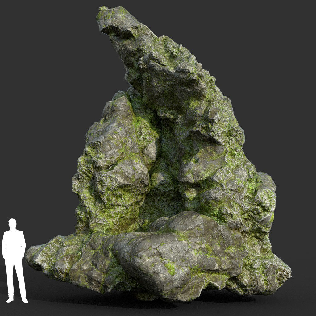 Low poly Damaged Mossy Rock B 190430 Low-poly 3D model_22
