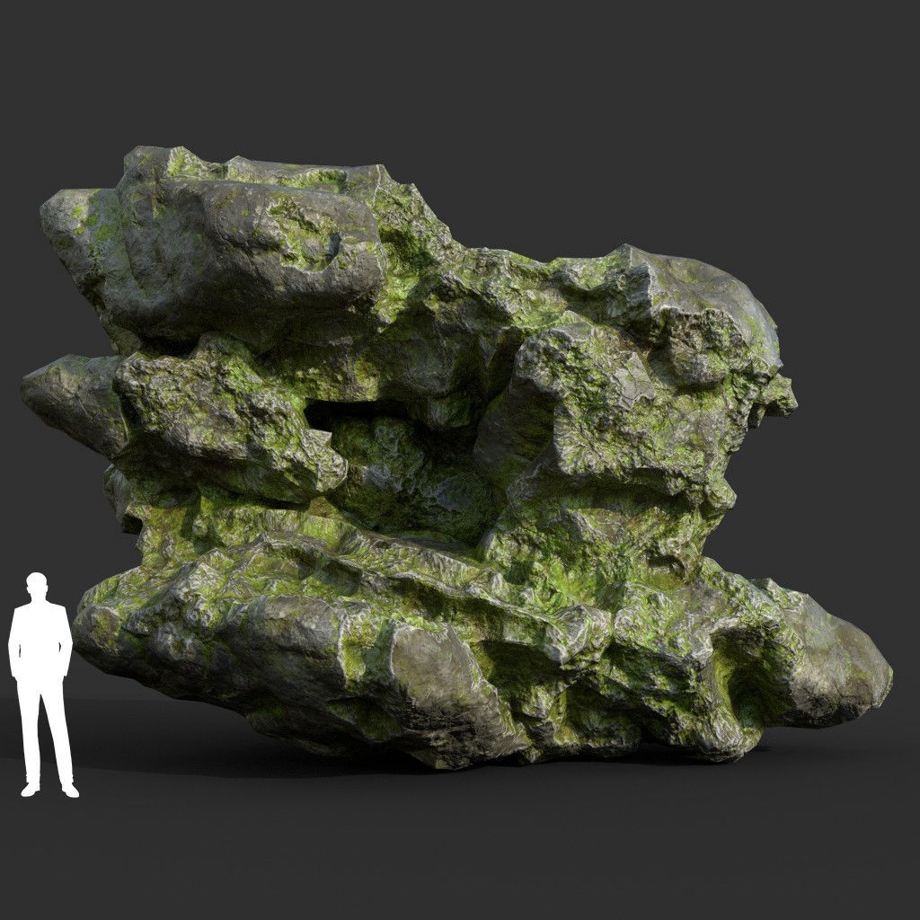 Low poly Damaged Mossy Rock B 190430 Low-poly 3D model_2