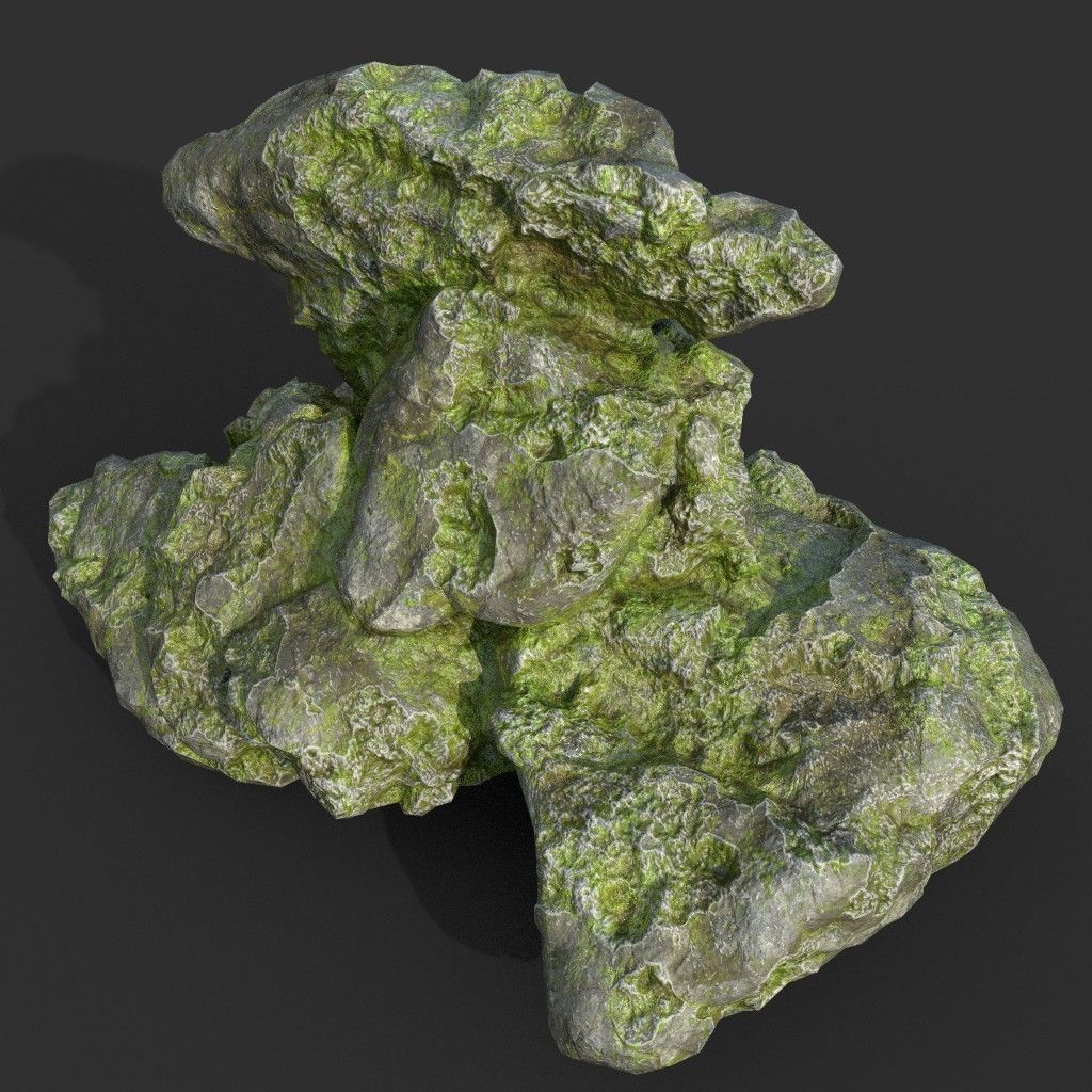 Low poly Damaged Mossy Rock B 190430 Low-poly 3D model_12