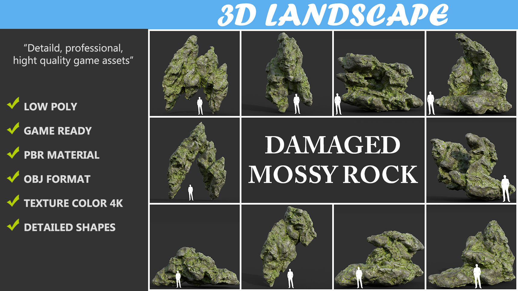 Low poly Damaged Mossy Rock B 190430 Low-poly 3D model_1