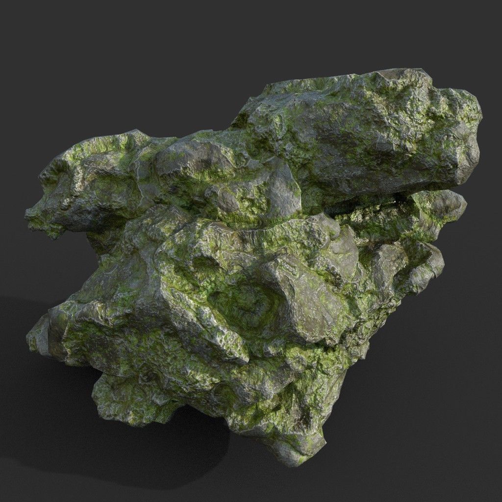 Low poly Damaged Mossy Rock B 190430 Low-poly 3D model_4
