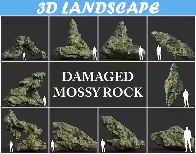 Low poly Damaged Mossy Rock A 190430