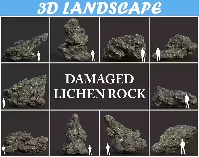 Low poly Damaged Lichen Rock B 190907 Low-poly 3D model