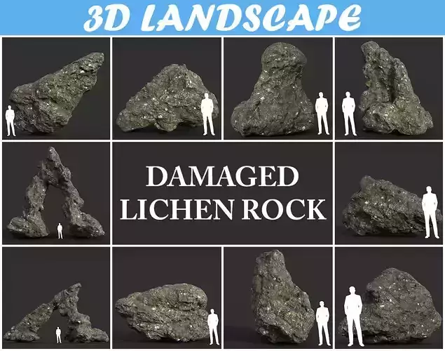 Low poly Damaged Lichen Rock 190907 Low-poly 3D model