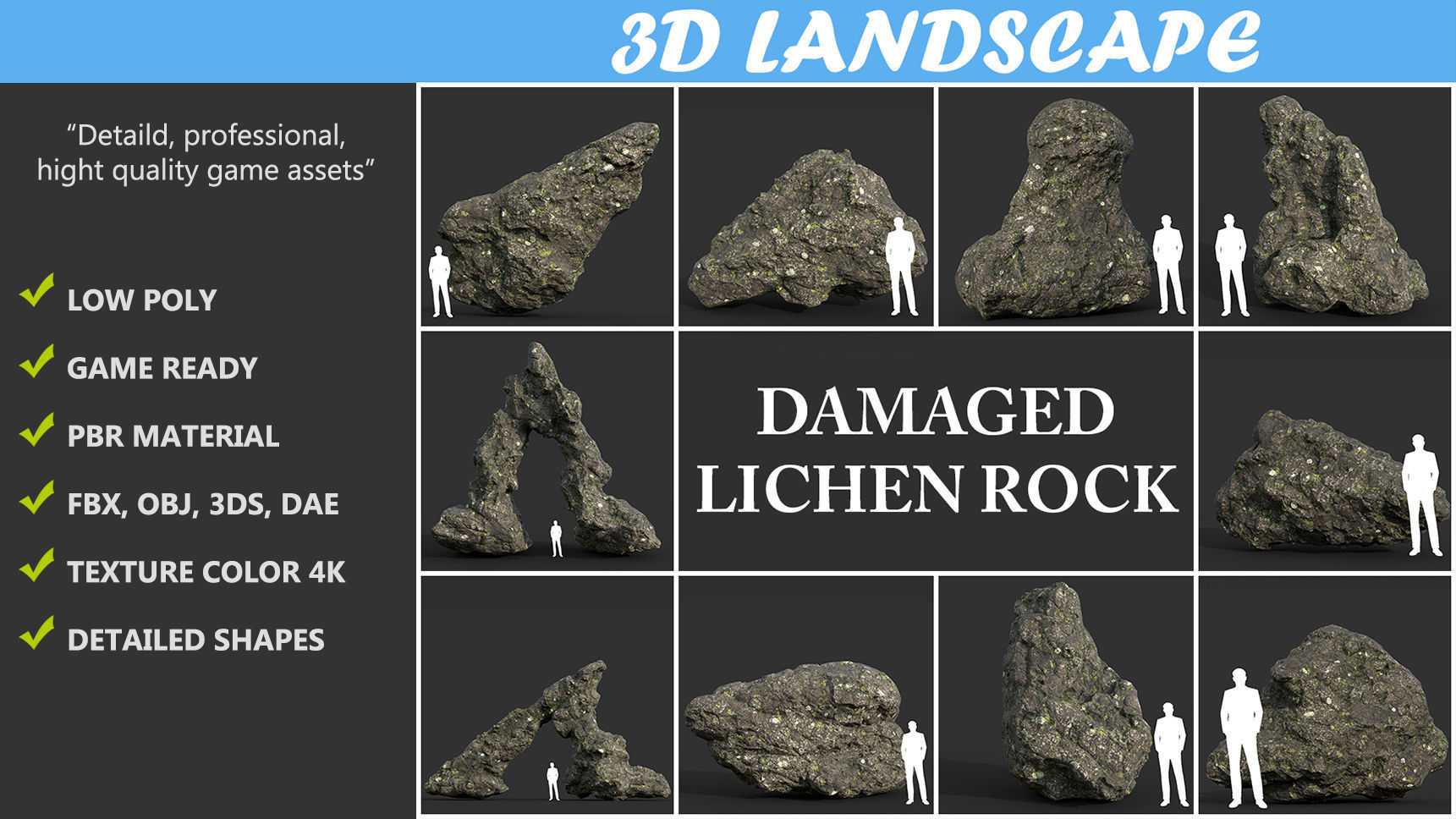 Low poly Damaged Lichen Rock 190907 Low-poly 3D model_1