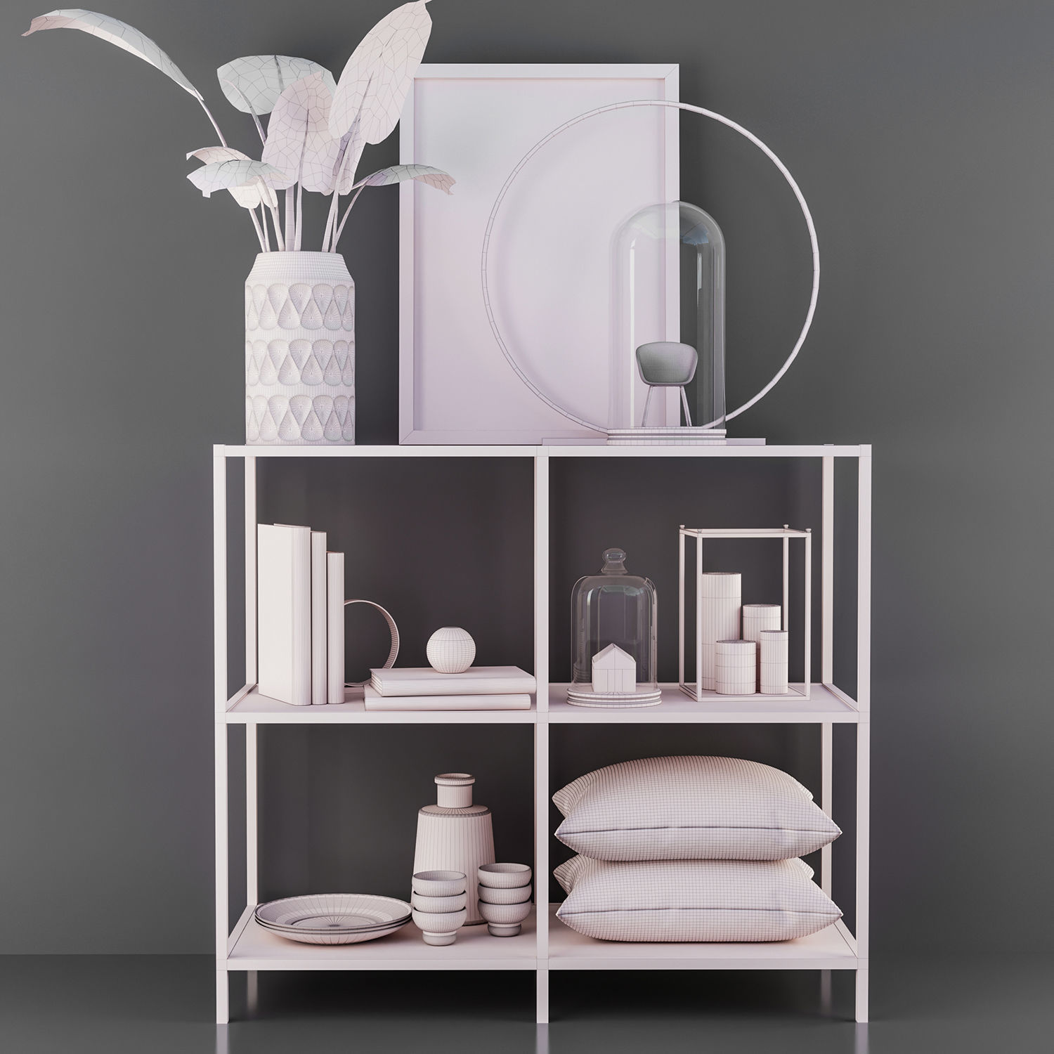 Decorative set shelf with pillows and vase 3D model_4