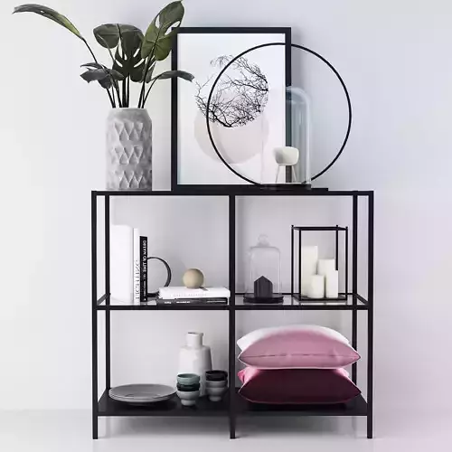 Decorative set shelf with pillows and vase