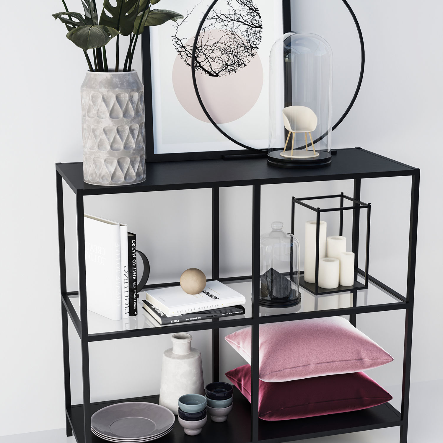 Decorative set shelf with pillows and vase 3D model_1