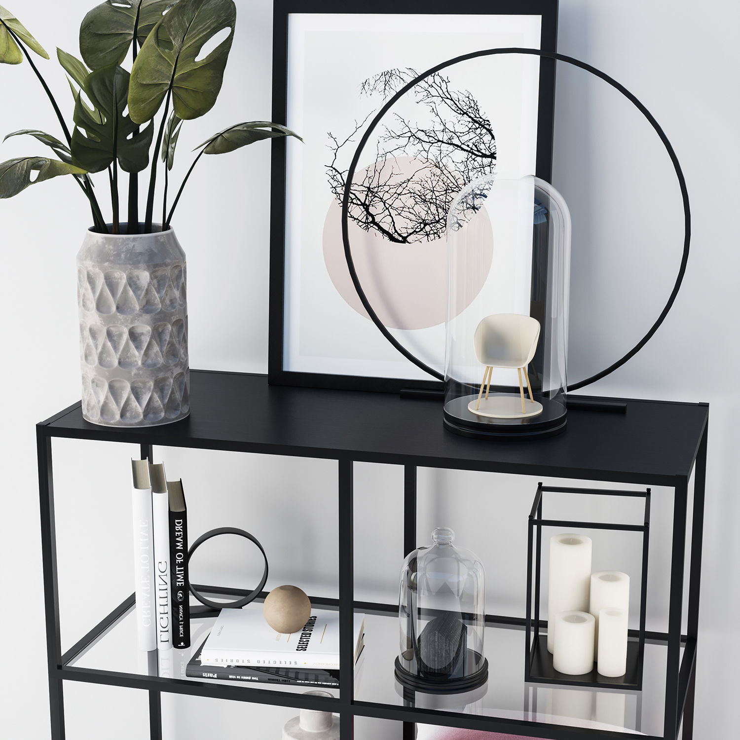 Decorative set shelf with pillows and vase 3D model_2