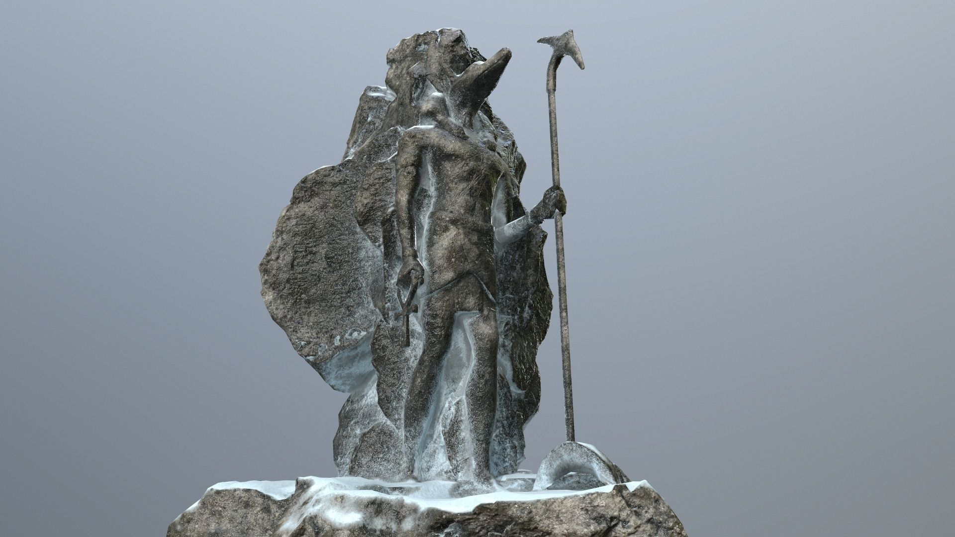 anibus statue with spear in snow Low-poly 3D model_10