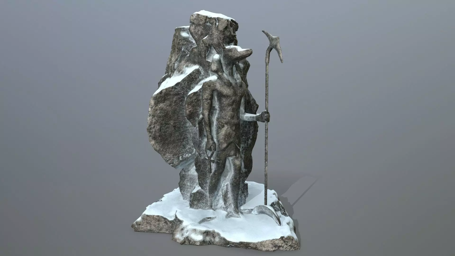 anibus statue with spear in snow Low-poly 3D model_0