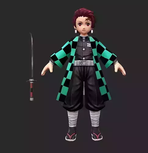 Tanjiro Lowpoly character wearing checkered coat