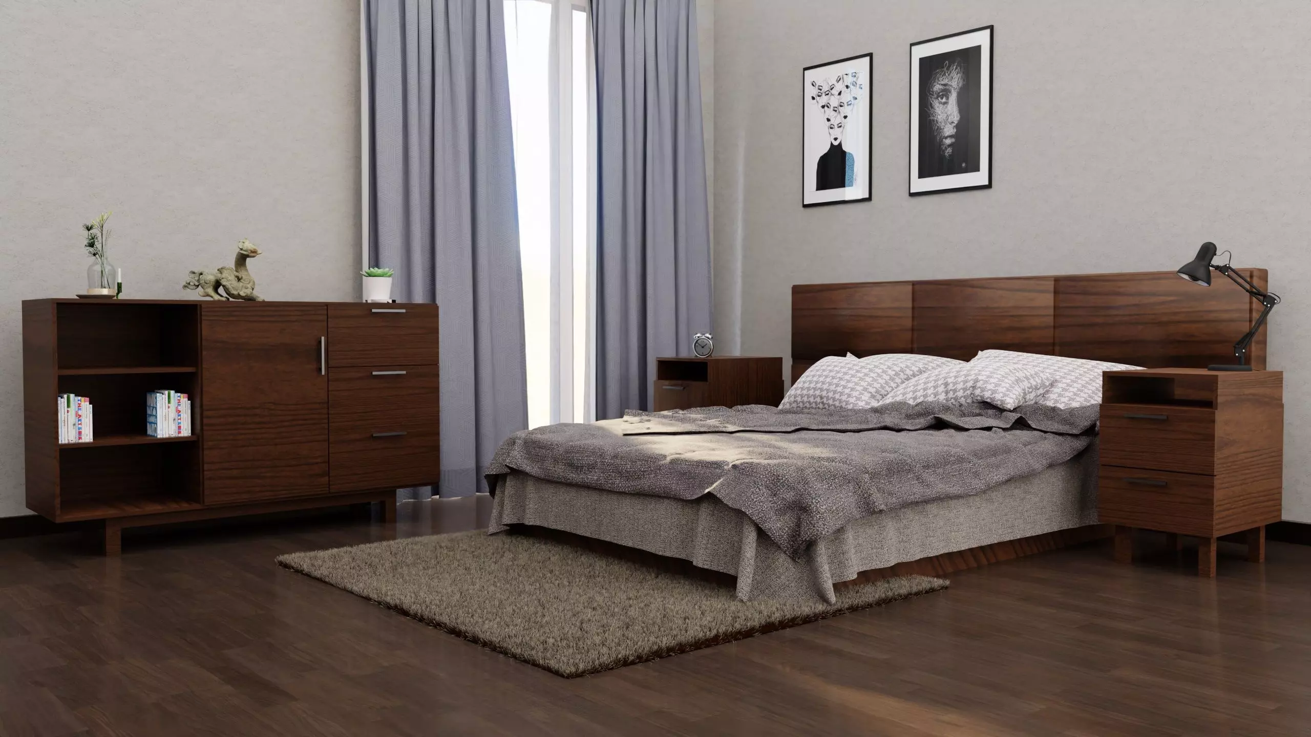 bedroom set with furniture 3D model_0