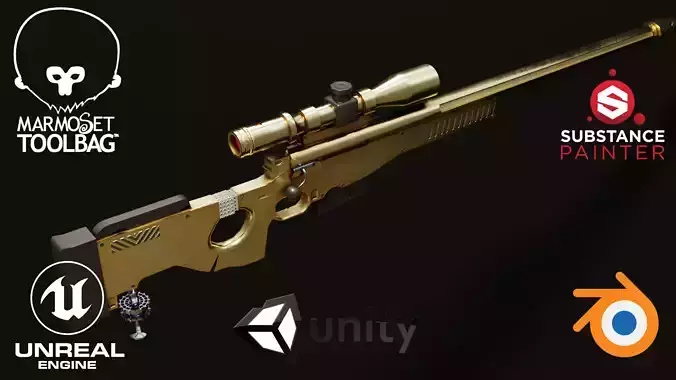Golden AWP Sniper Rifle game ready  with bonus asset Low-poly 3D model