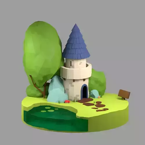 Low poly tower castle on island
