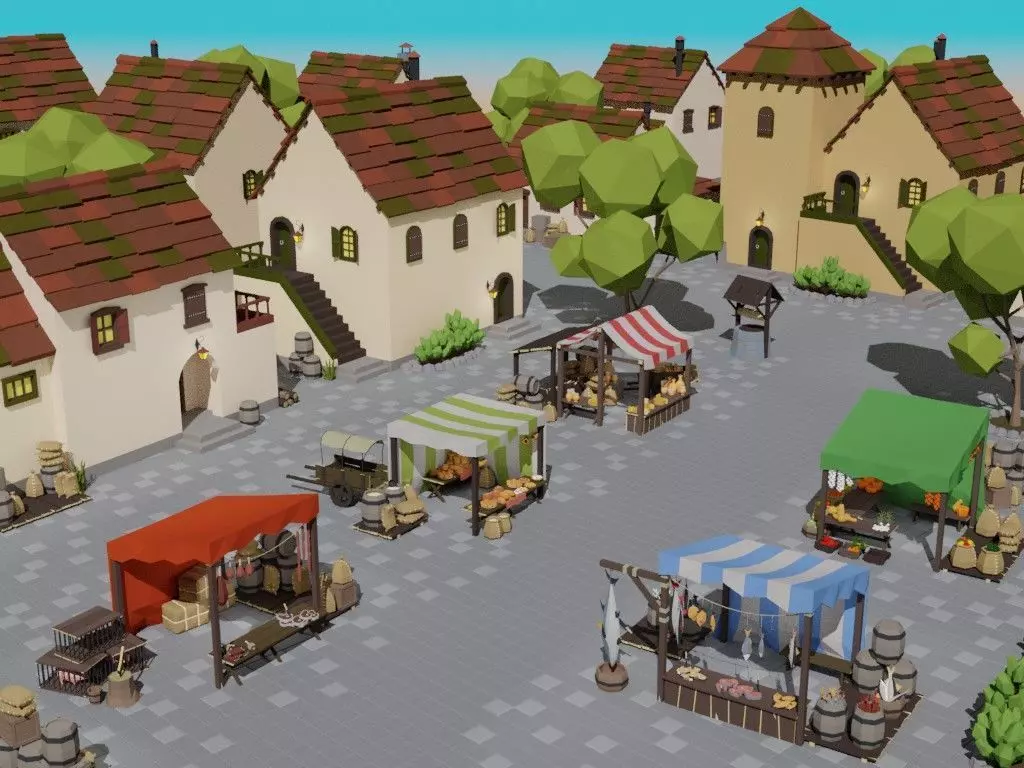 Low poly medieval marketplace Low-poly 3D model_0
