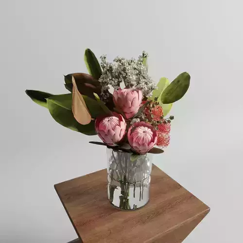 Protea Set 3 flowers in vase on wooden table