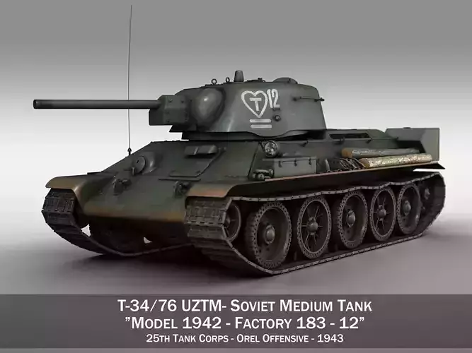 T-34-76 UZTM - Model 1942 - Soviet tank - 12 3D model