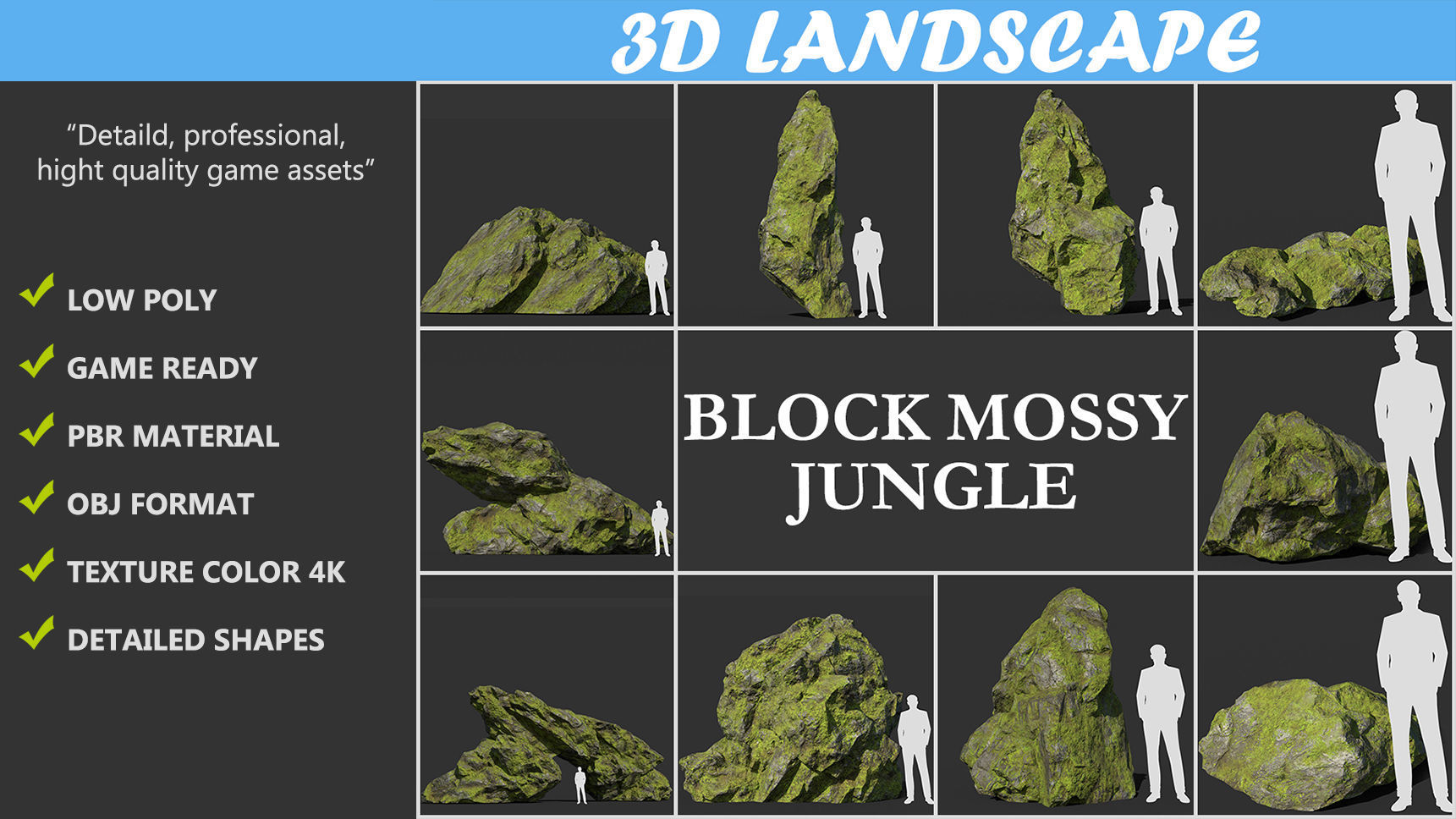 Low poly sharp block mossy rock 181114 Low-poly 3D model_1