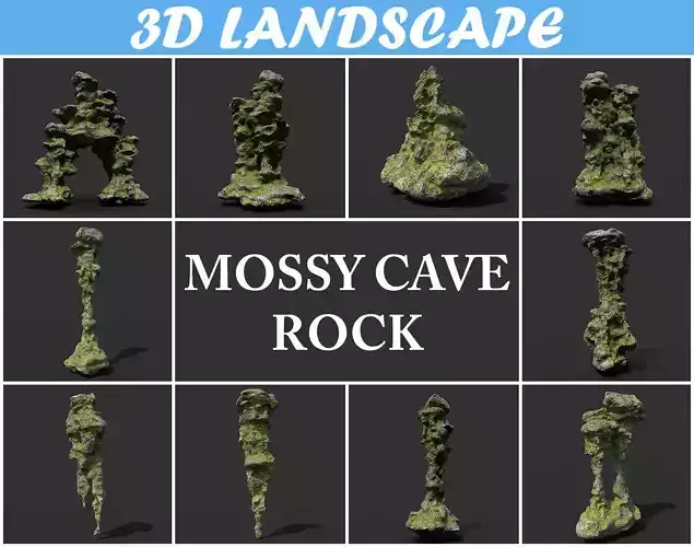 Low poly Mossy Cave Rock Module 191220