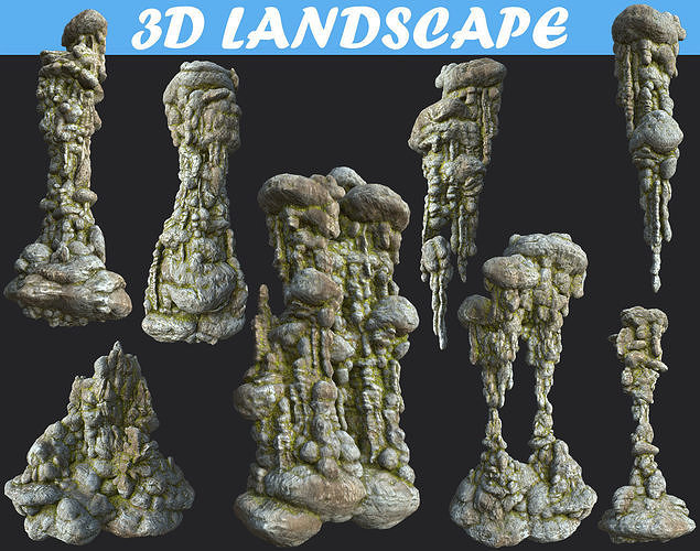 Low poly mossy cave column Low-poly 3D model