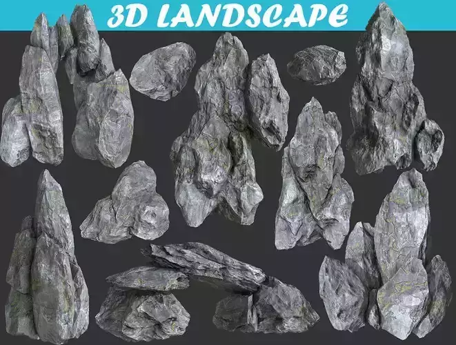 Low poly Gray mossy rock Low-poly 3D model