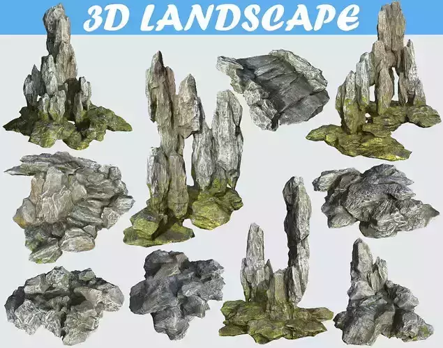Low poly gray mossy big rock formular Low-poly 3D model