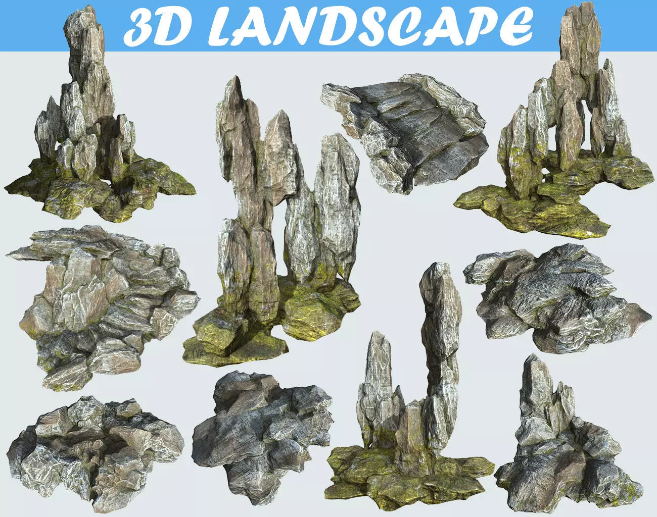 Low poly gray mossy big rock formular Low-poly 3D model_0
