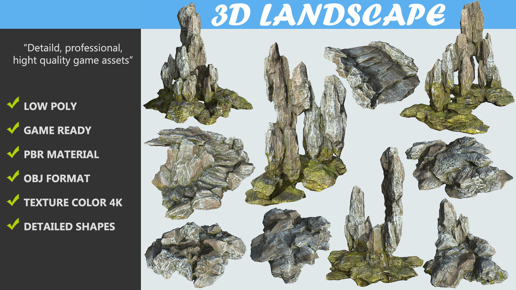 Low poly gray mossy big rock formular Low-poly 3D model_1