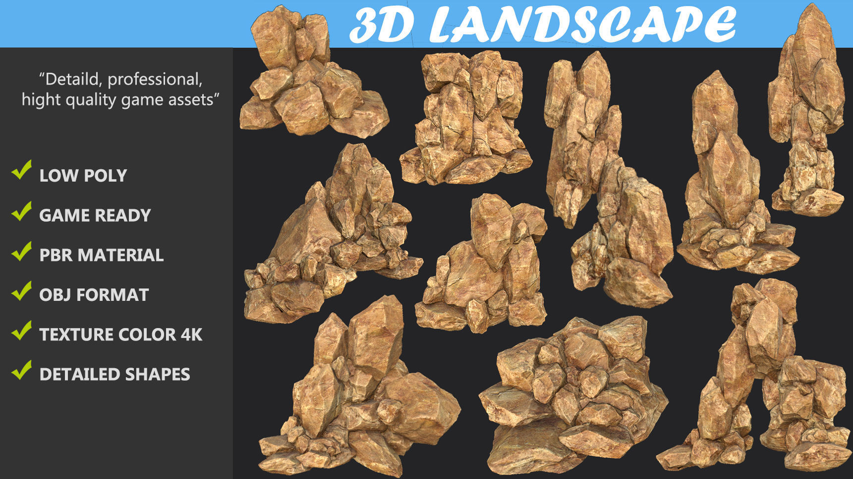Low poly formation yellow-texture Low-poly 3D model_1
