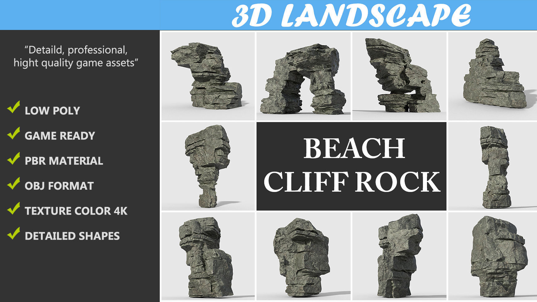 Low poly Beach Cliff Rock Low-poly 3D model_1
