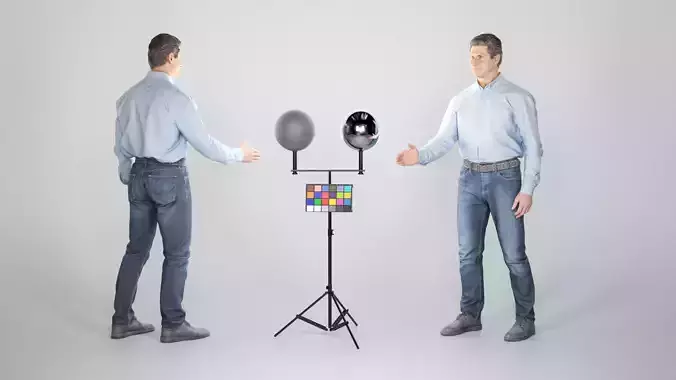 Man in jeans and blue shirt shaking hand 235