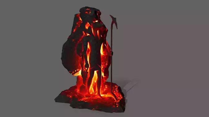 anibus statue made of lava with spear