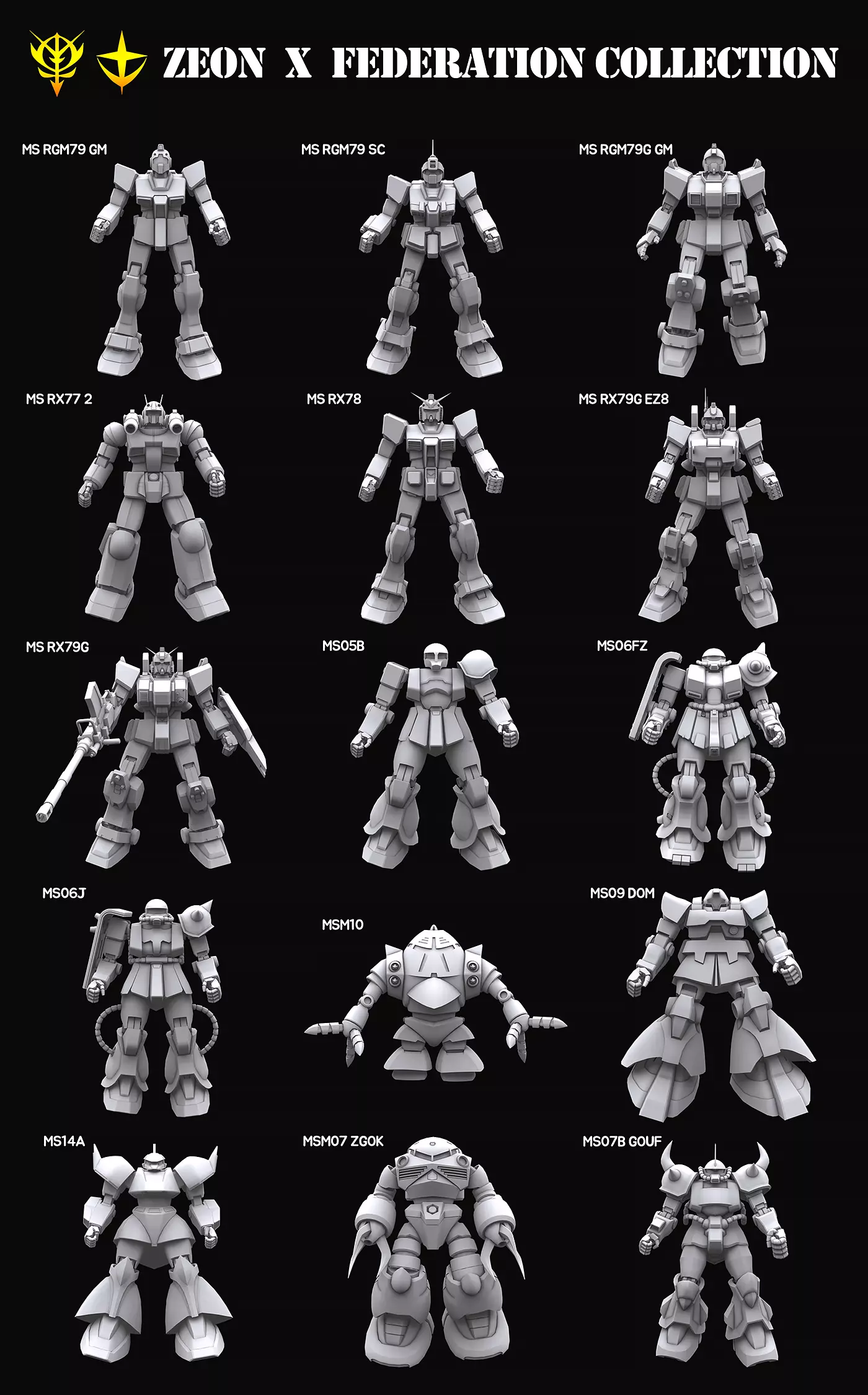 Gundam mobile suit Zeon x Earth Federation collection 3D model_0