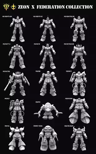 Gundam mobile suit Zeon x Earth Federation collection 3D model