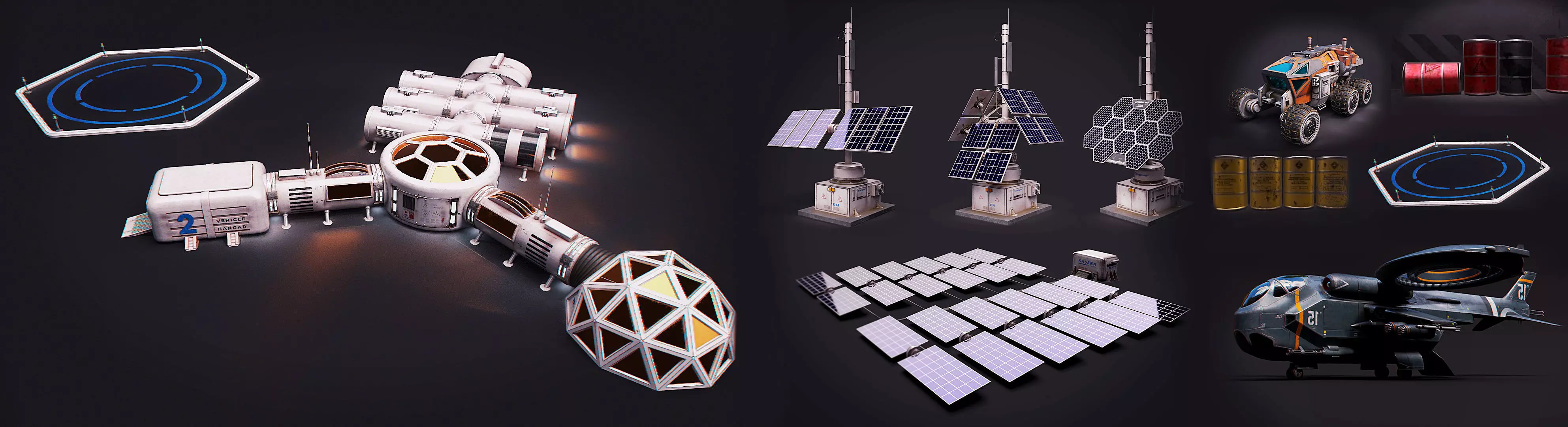 Space Craft Solar Panels Mars Colony Spaceship Collection Pack Low-poly 3D model_0