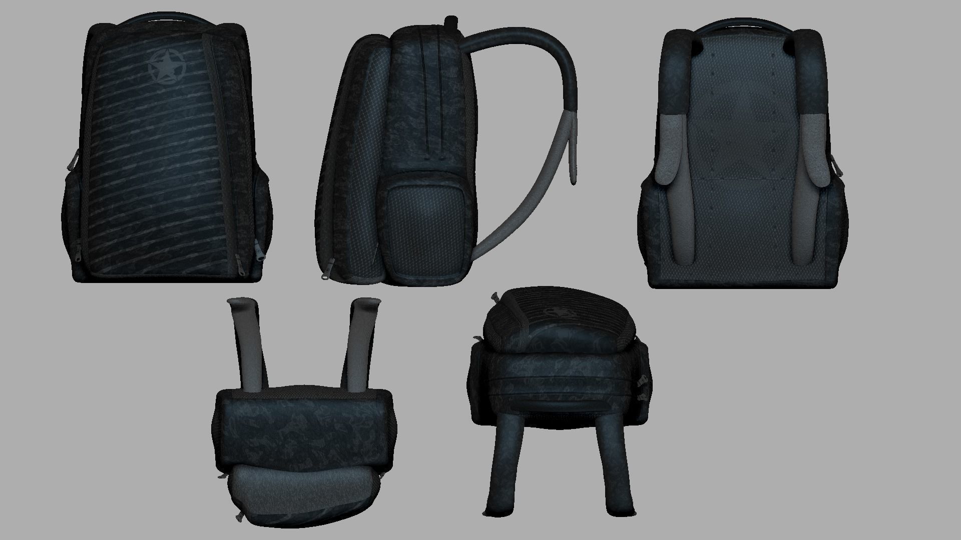 Black Camouflage Backpack - Character Costume Low-poly 3D model_10